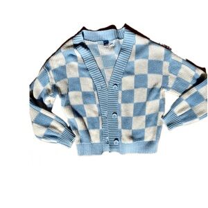 FREE SHIPPING- Old Navy Blue and White Checkered Sweater/ Cardigan, girls size 8